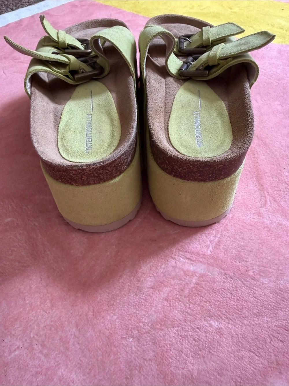 INTENTIONALLY BLANK Lime Green Double-Buckle Platform Slides